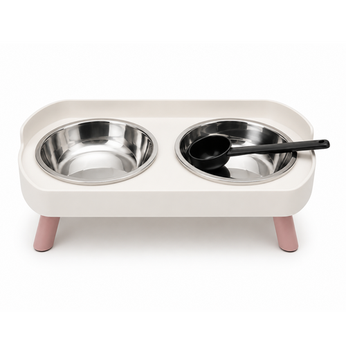 Elevated Pet Bowls with Stainless  with Scoop White