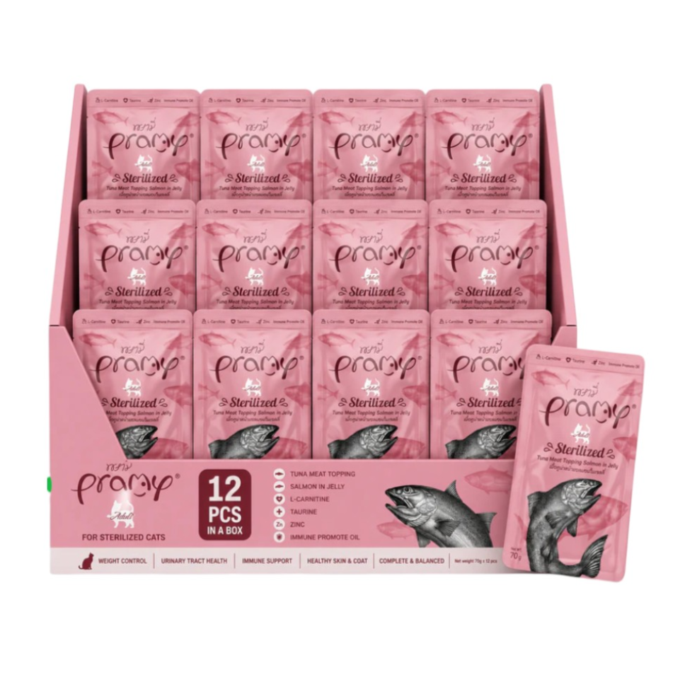 Pramy Adult Sterilized Tuna Meat Topping Salmon In Jelly Recipe 70gx12pcs