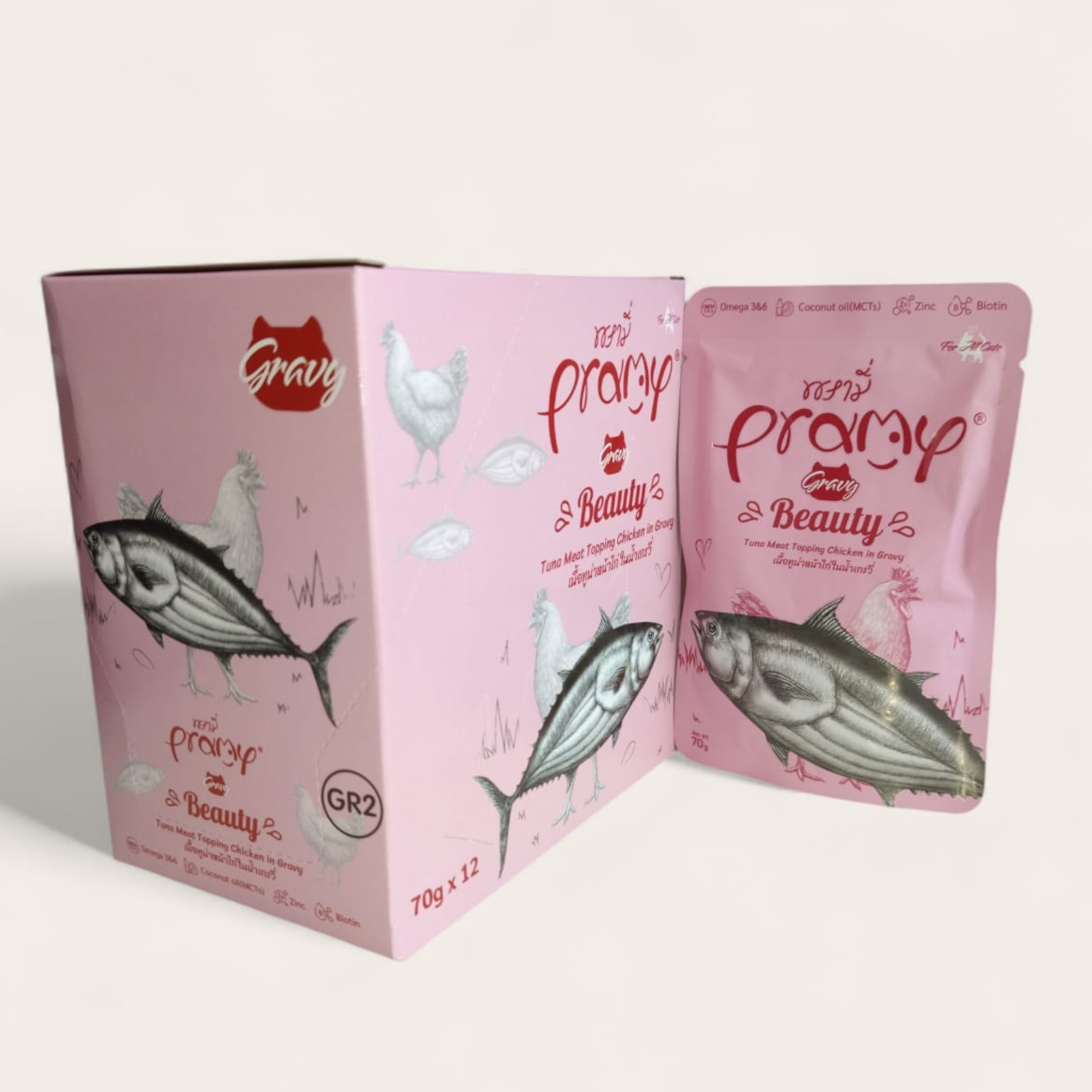 Pramy Beauty Tuna Meat Topping Chicken In Gravy 70gx12pcs