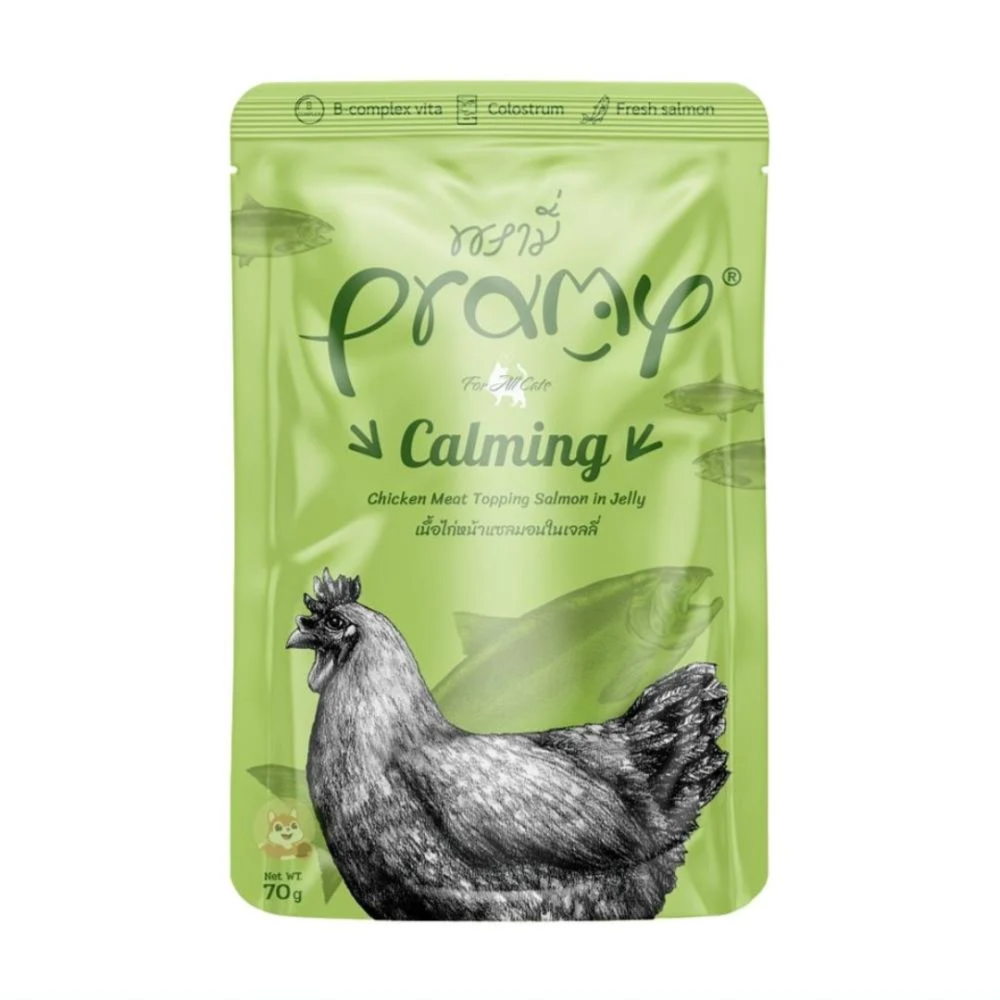 Pramy Calming Pouch Chicken Meat Topping Salmon In Jelly For Adult 70g