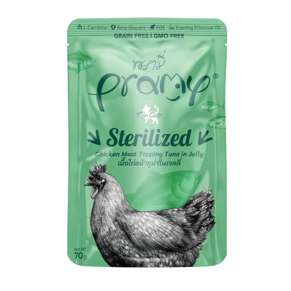 Pramy Sterilized Cat Food With Chicken Meat Topping& Tuna In Jelly 70gx12pcs